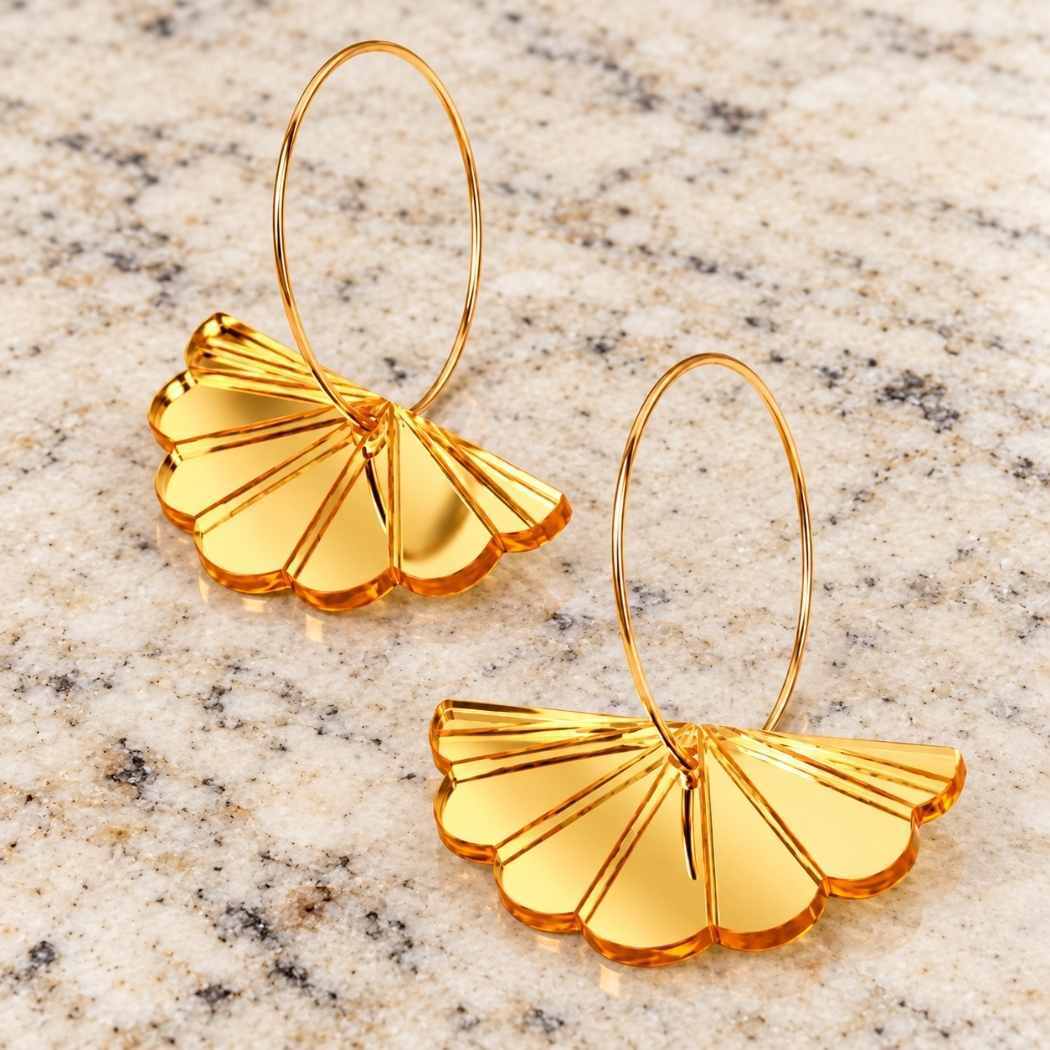 Gold scallop statement hoop earrings with reflective finish