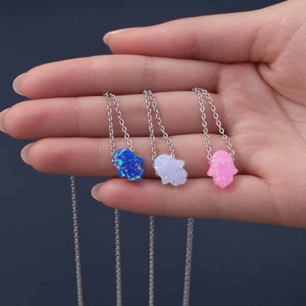 Blue, white & pink glitter acrylic Mini Hamsa Necklace with gold-tone stainless steel chain