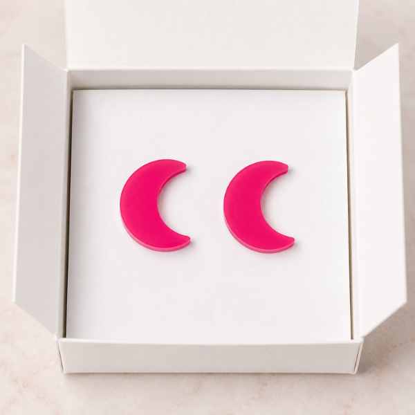 Hot Pink Moon Glow acrylic moon stud earrings