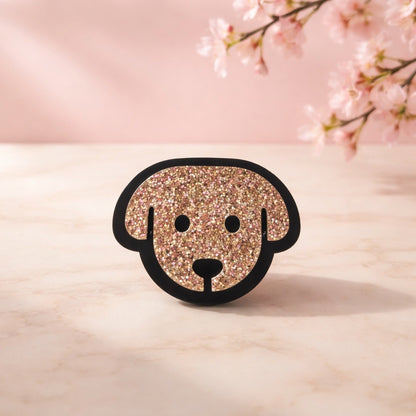 Glittery dog face design on a pink background with cherry blossoms