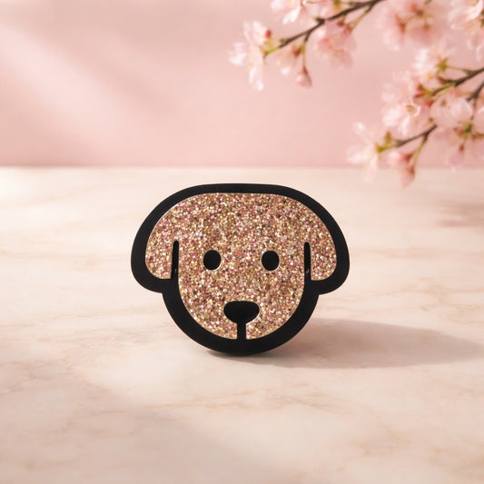 Glittery dog face design on a pink background with cherry blossoms