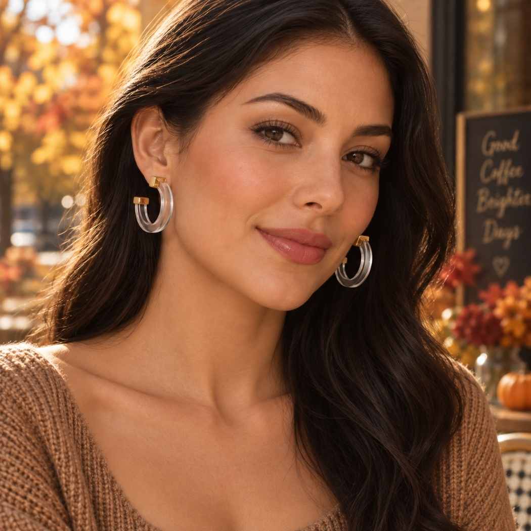 Model wearing clear acrylic hoop earrings with gold-tone haderware