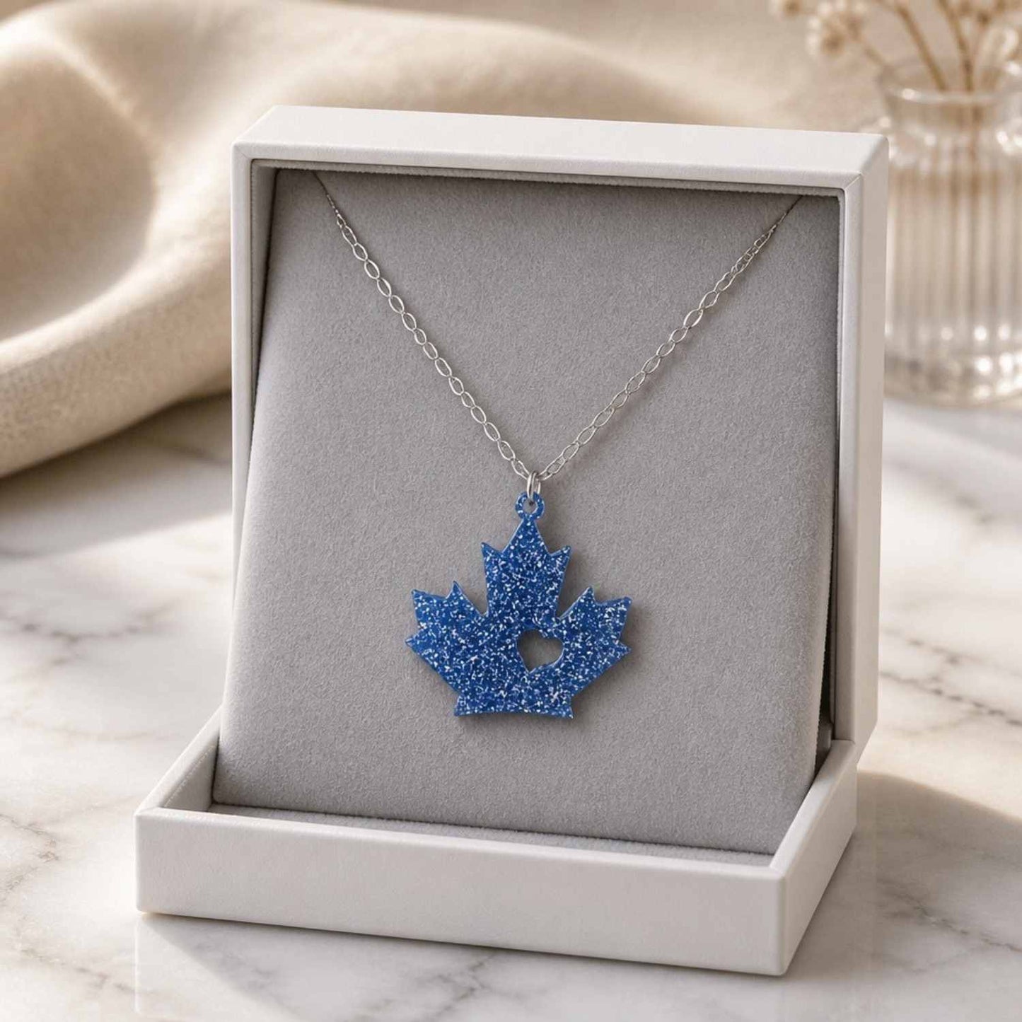 Maple Sparkle Necklace – Blue Glitter Maple Leaf Pendant