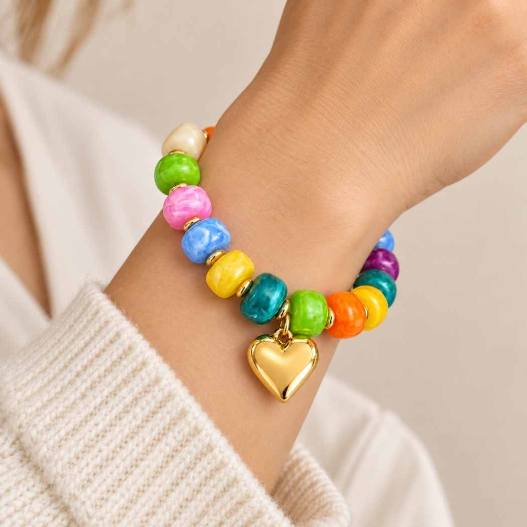 Model wearing multicolour bead bracelet by SassyBirds