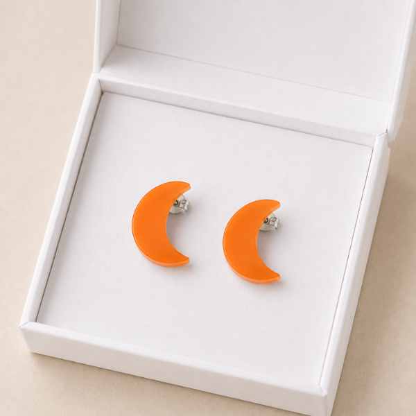 Orange Moon Glow acrylic moon stud earrings