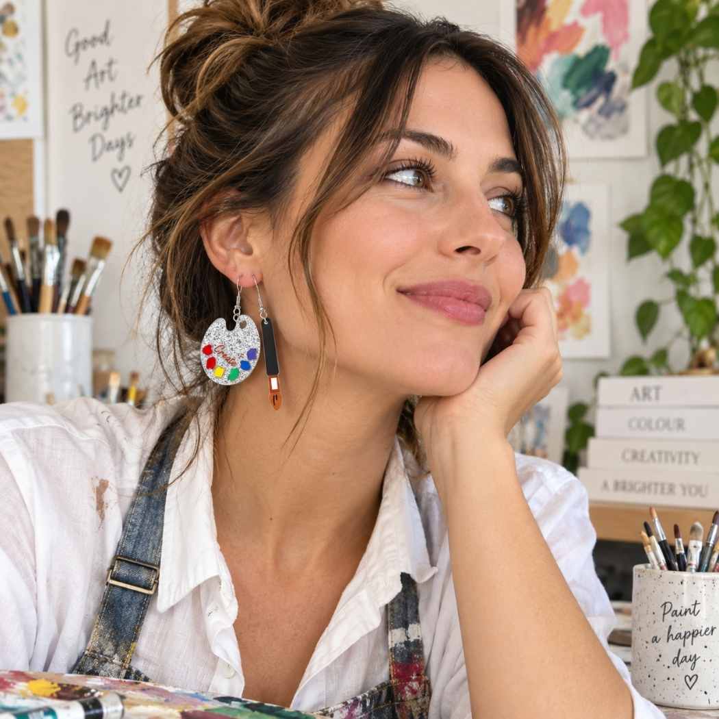 Silver glitter paint palette statement earring with colourful paint details