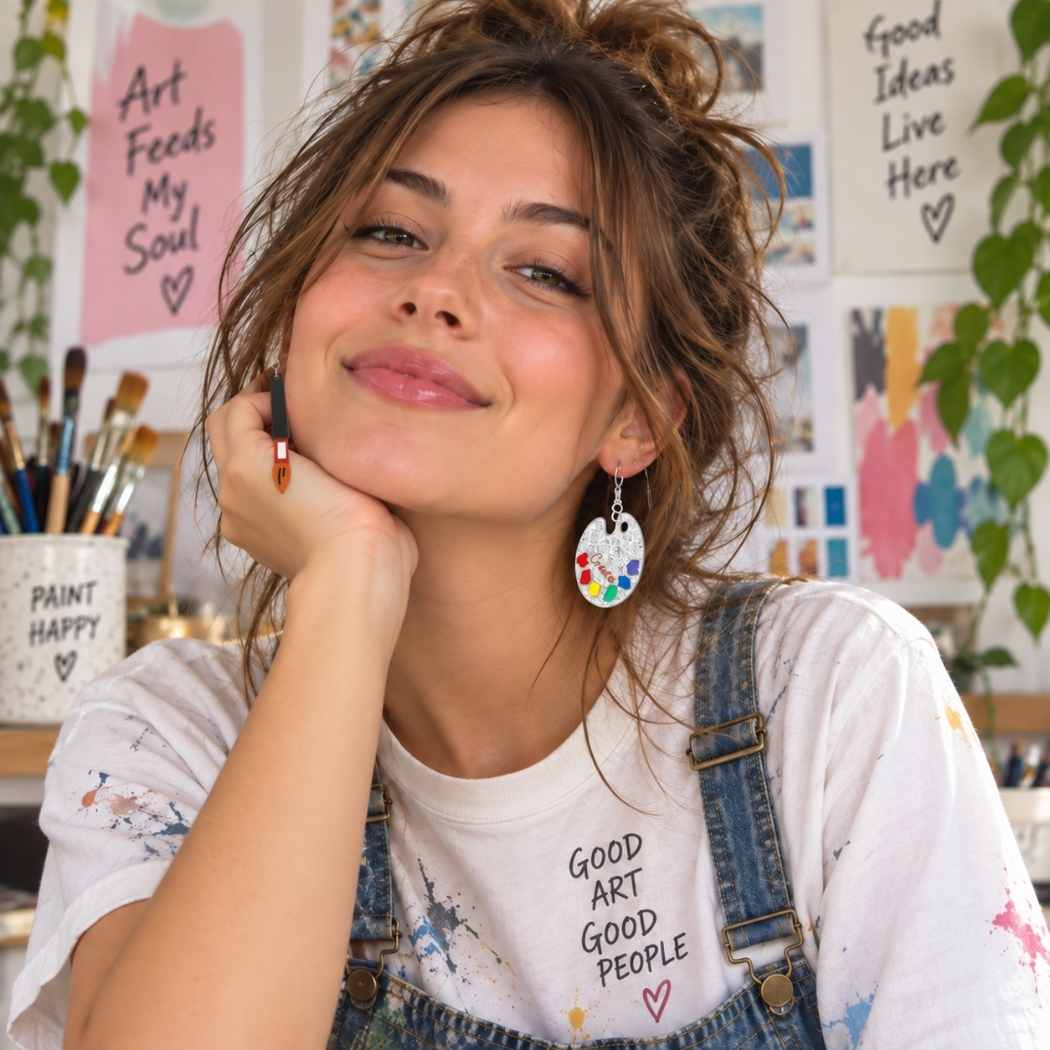 Model wearing artist palette and paintbrush earrings