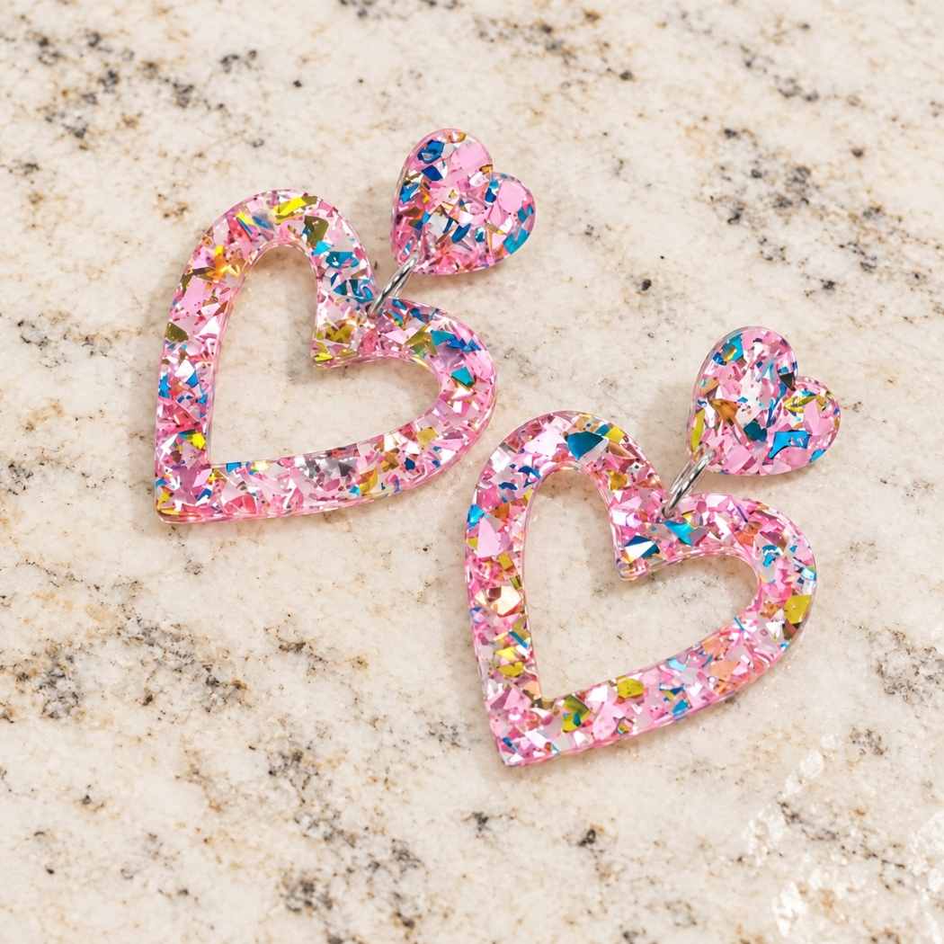 Pink glitter heart earrings displayed on granite surface