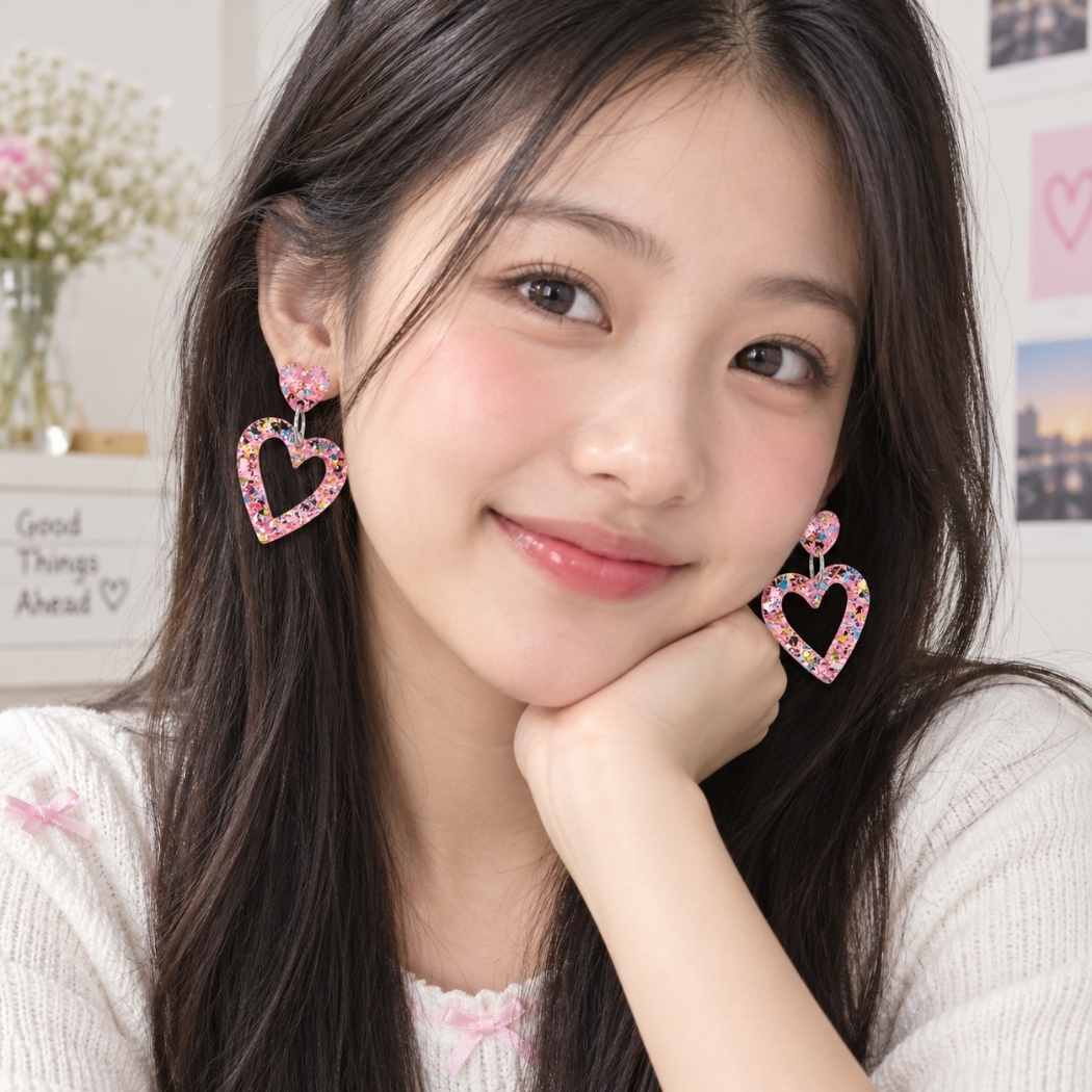 Pink confetti heart statement earrings with open heart drop on teen