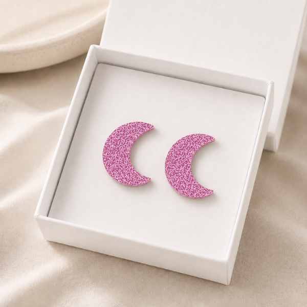 Pink Glitter Moon Glow acrylic moon stud earringsSilver Moon Glow acrylic moon stud earrings