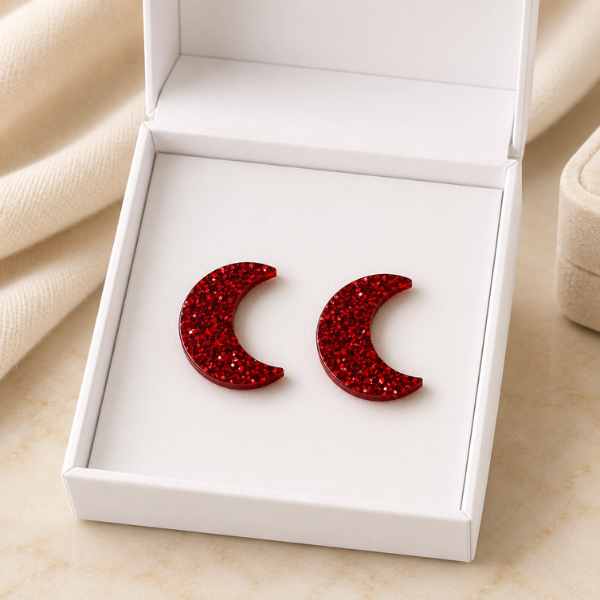 Red Glitter  Moon Glow acrylic moon stud earrings