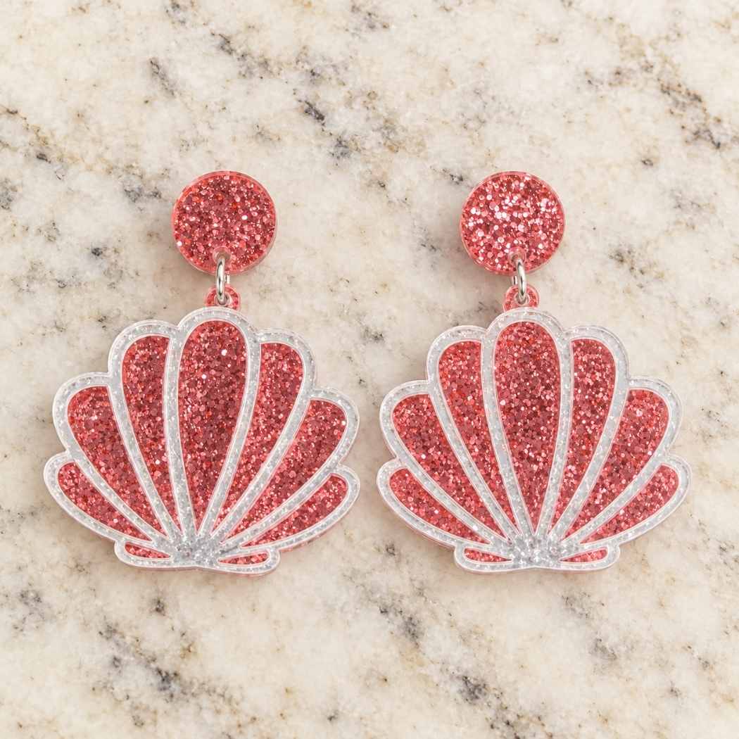 Pink glitter seashell statement earrings in acrylic