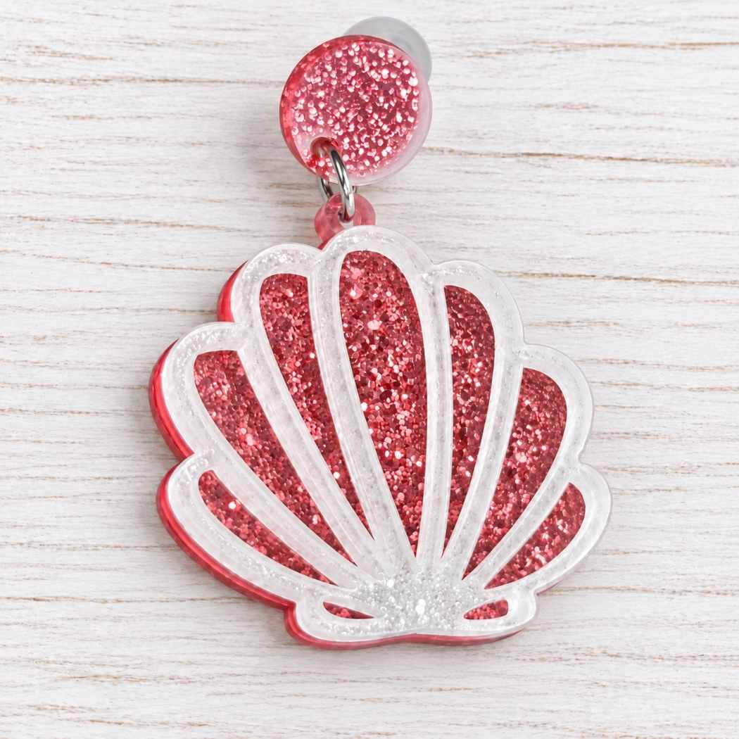 Scallop shell earrings with pink and clear glitter acrylic