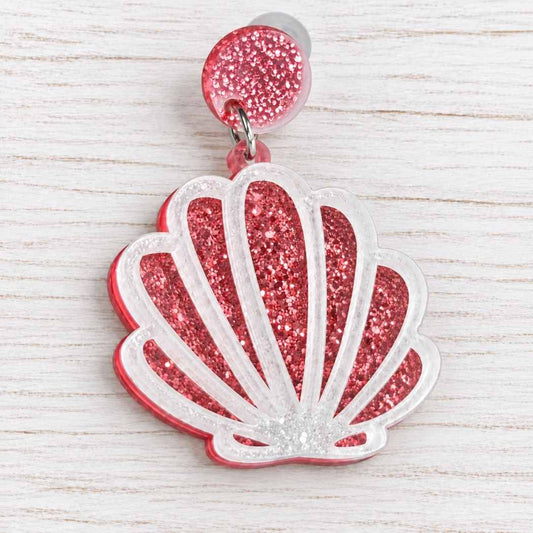 Scallop shell earrings with pink and clear glitter acrylic