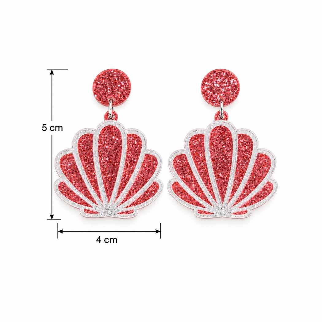 Close up of pink glitter seashell acrylic earring
