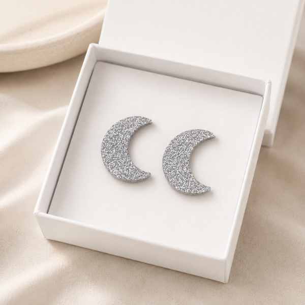 Silver glitter  Moon Glow acrylic moon stud earrings