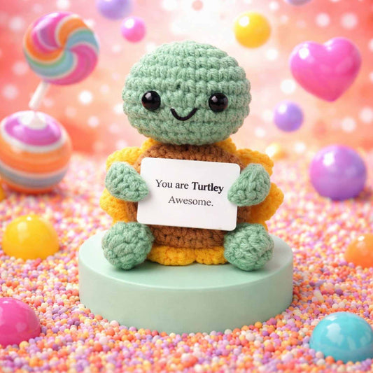 crochet stuffed animal with positive affirmation