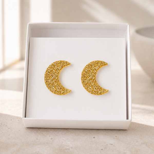 Gold Glitter  Moon Glow acrylic moon stud earrings