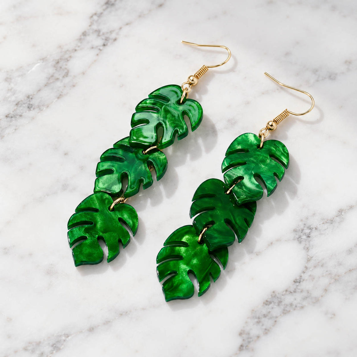 Tropical Crush – Green Monstera Leaf Dangle Earrings