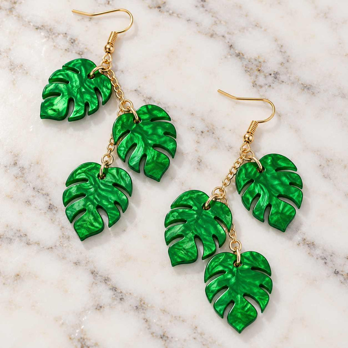 Tropical Crush – Green Monstera Leaf Dangle Earrings